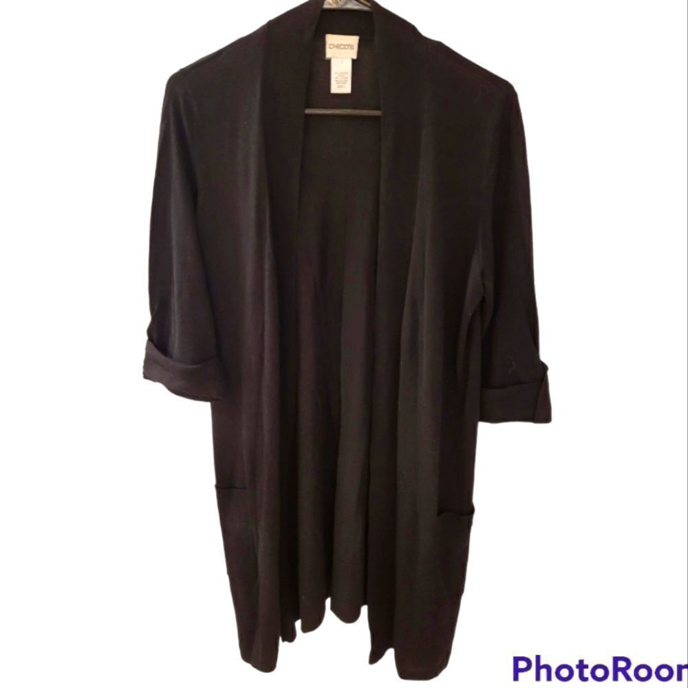 #16 Chico's Bamboo Rayon & Cotton Black Lightweight Sweater Cardigan, Size 1 M
